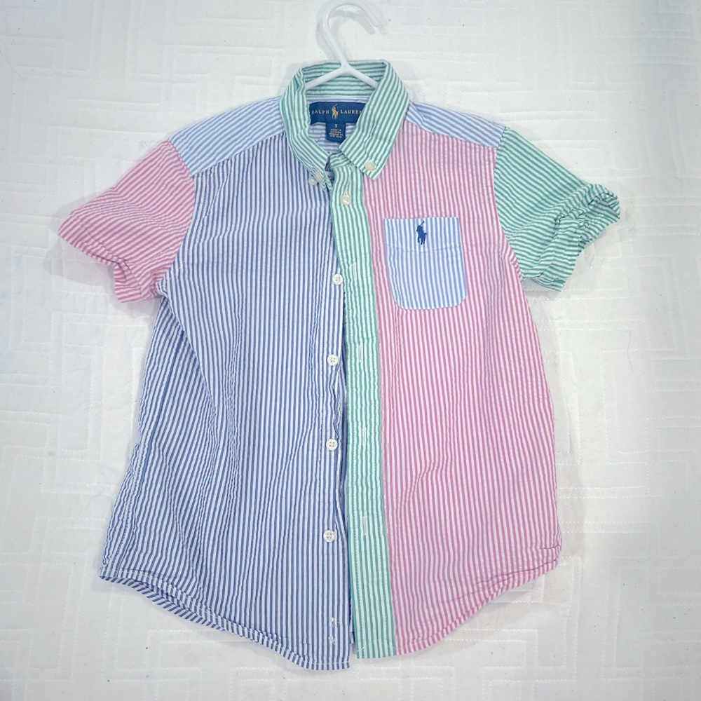 Ralph Lauren Boys Seersucker Button Down Short Sleeve Multi- Color Stripe Size 5